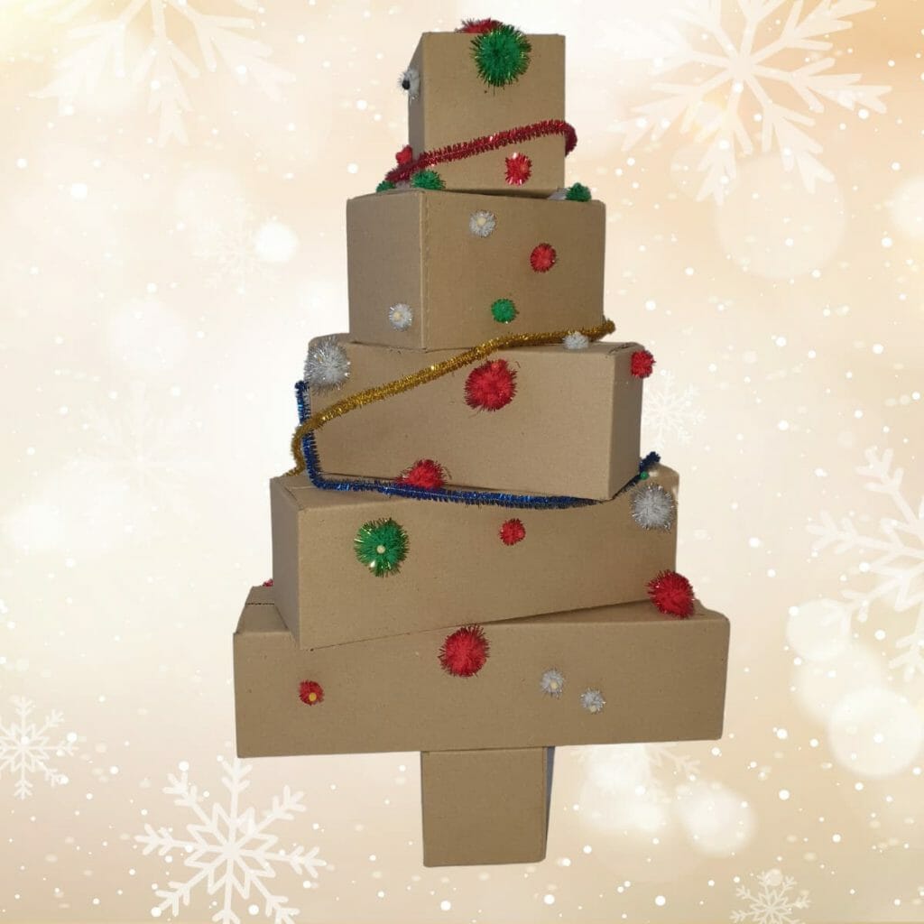 Christmas tree made out of cardboard boxes