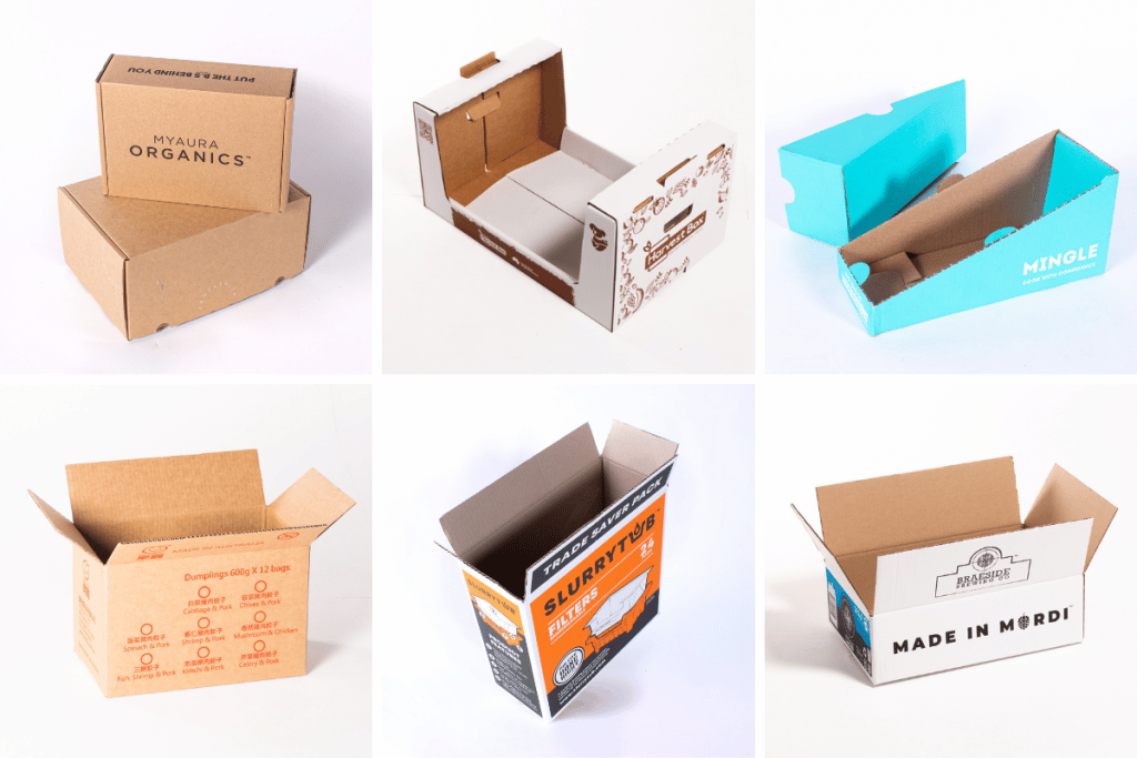 grid with six custom cardboard boxes