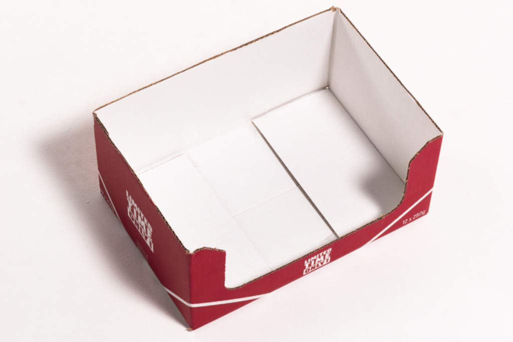 top view of a red and white corrugated carton