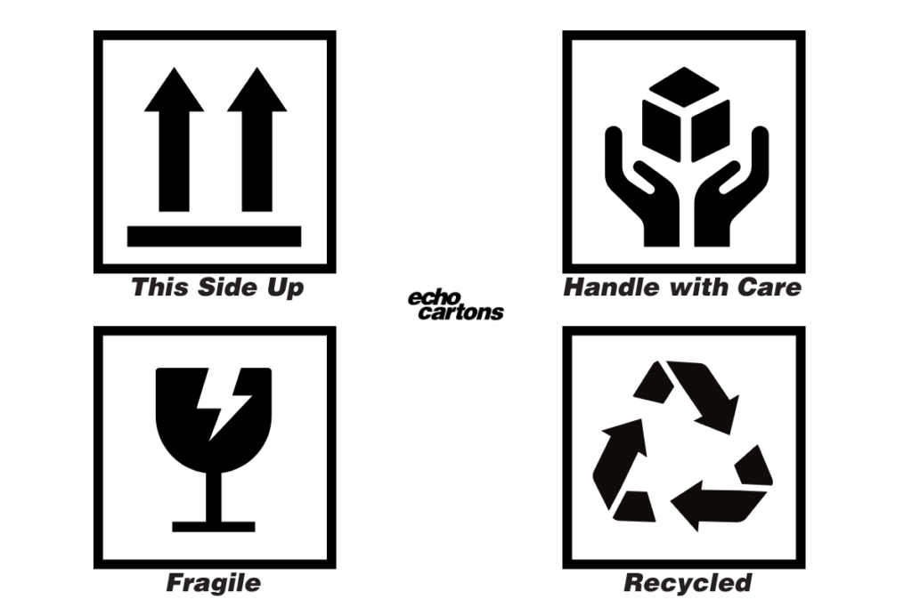 packaging symbols for fragile, this way up, handle with care and recycling